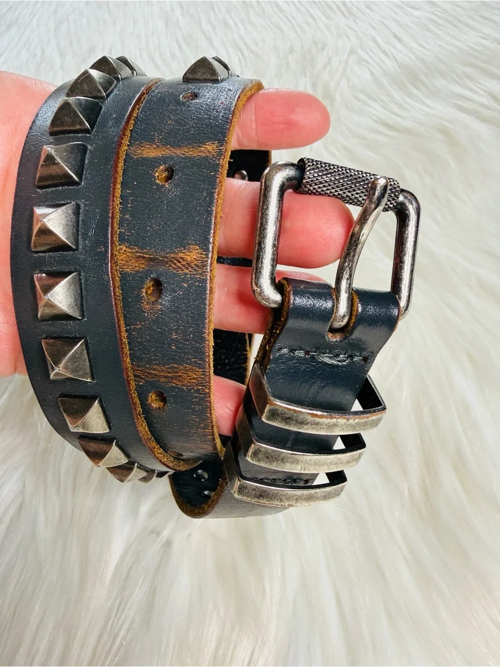 J. Crew Brown Leather Silver Metal Studded Belt